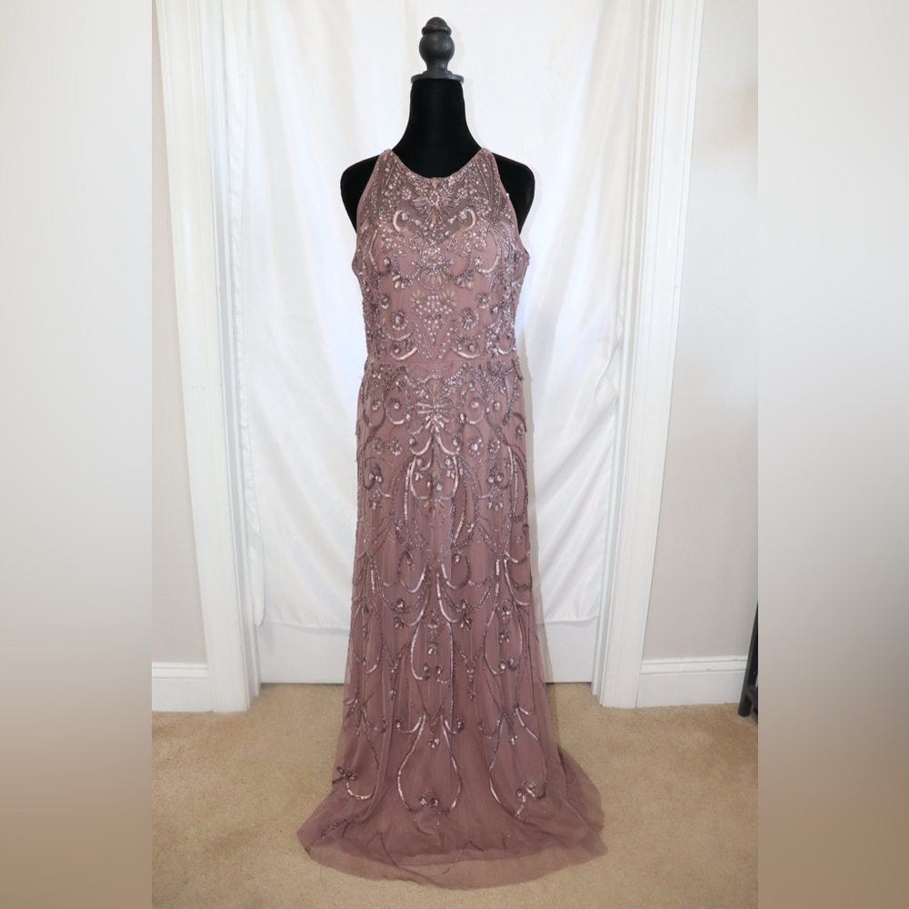 Aidan Mattox Mauve Beaded Halter Maxi Gown